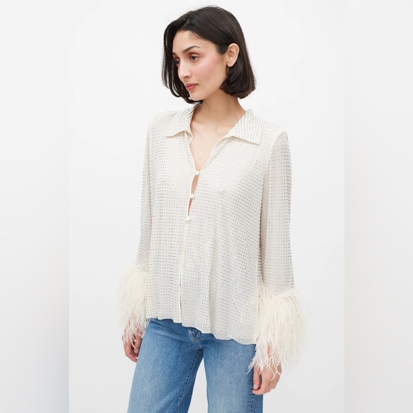 Self-Portrait Cream Rhinestone Mesh Feather Trimmed Shirt US6 $530
